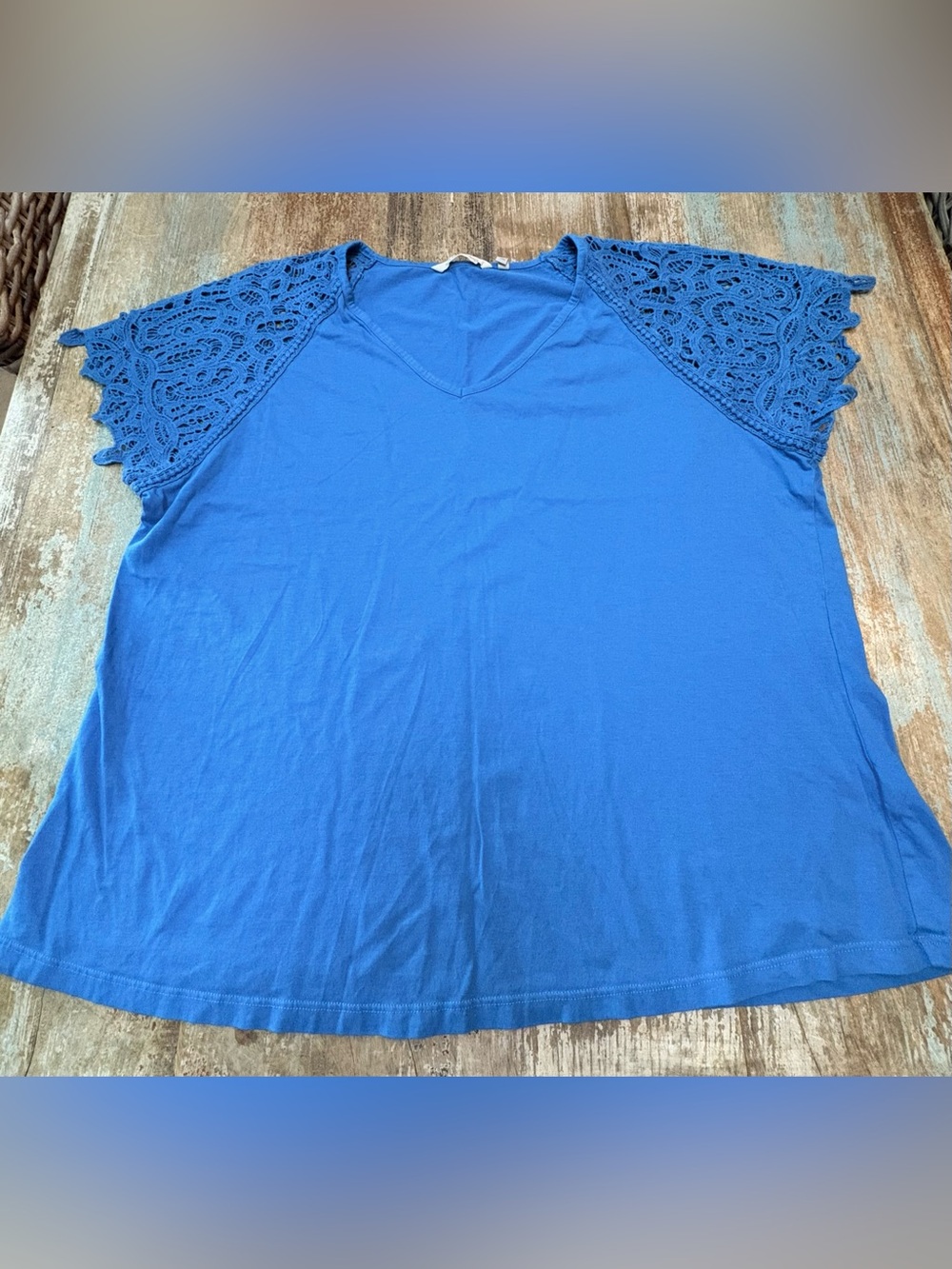 Soft Surroundings Blue V‑Neck Top with Crochet Cap Sleeves